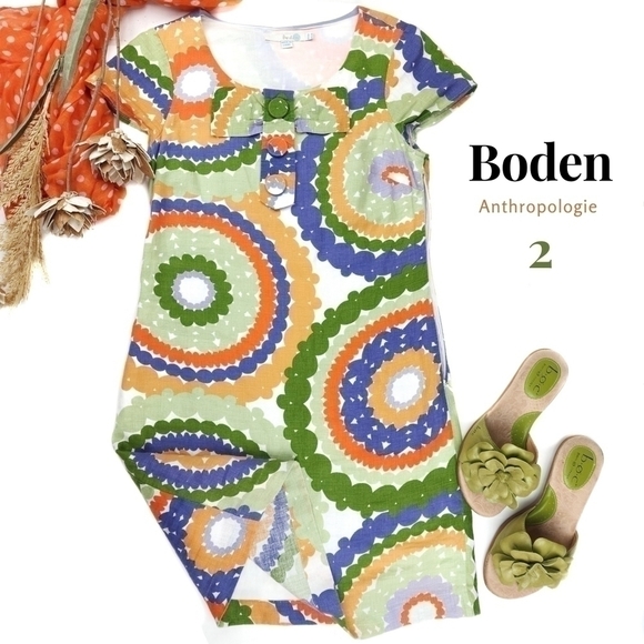 Boden Linen Green Blue Orange Floral Dress Sz 2R - Picture 1 of 14